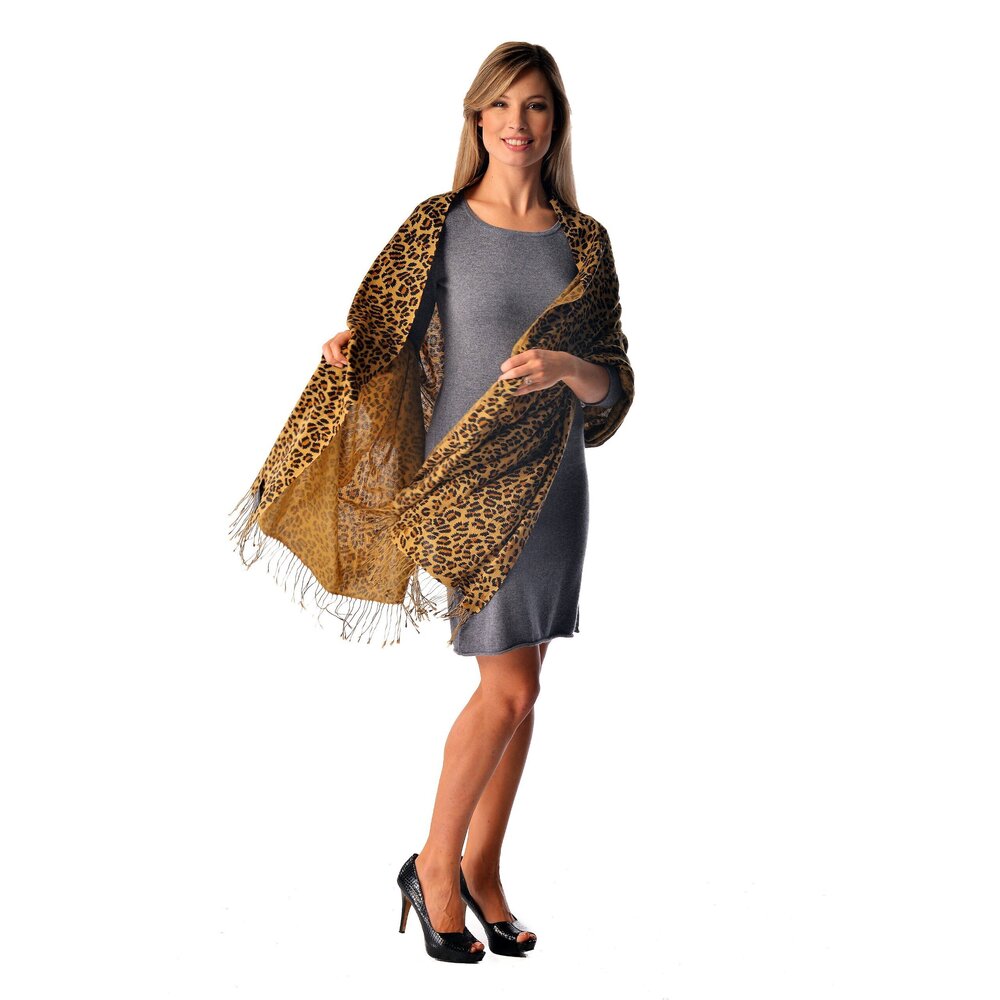 8417 : Leopard Print Cashmere Wrap Stole Hand Printed (color: